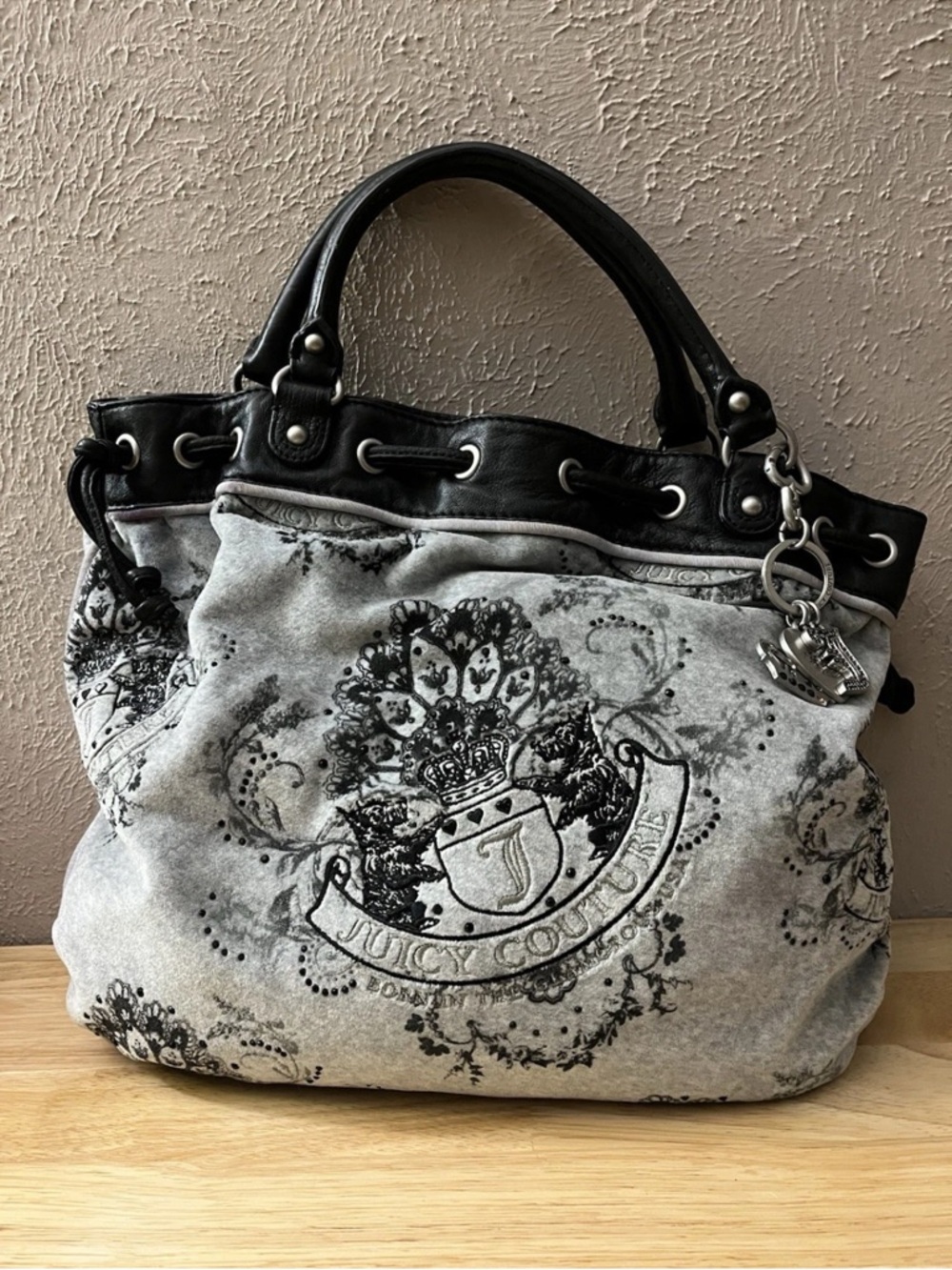 Juicy Couture Gray and Black Crest-Print Tote